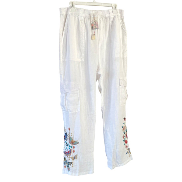 JOHNNY WAS Mariposa Size Large White Embroidered Linen Pull-On Comfort Pants NWT - Picture 11 of 11